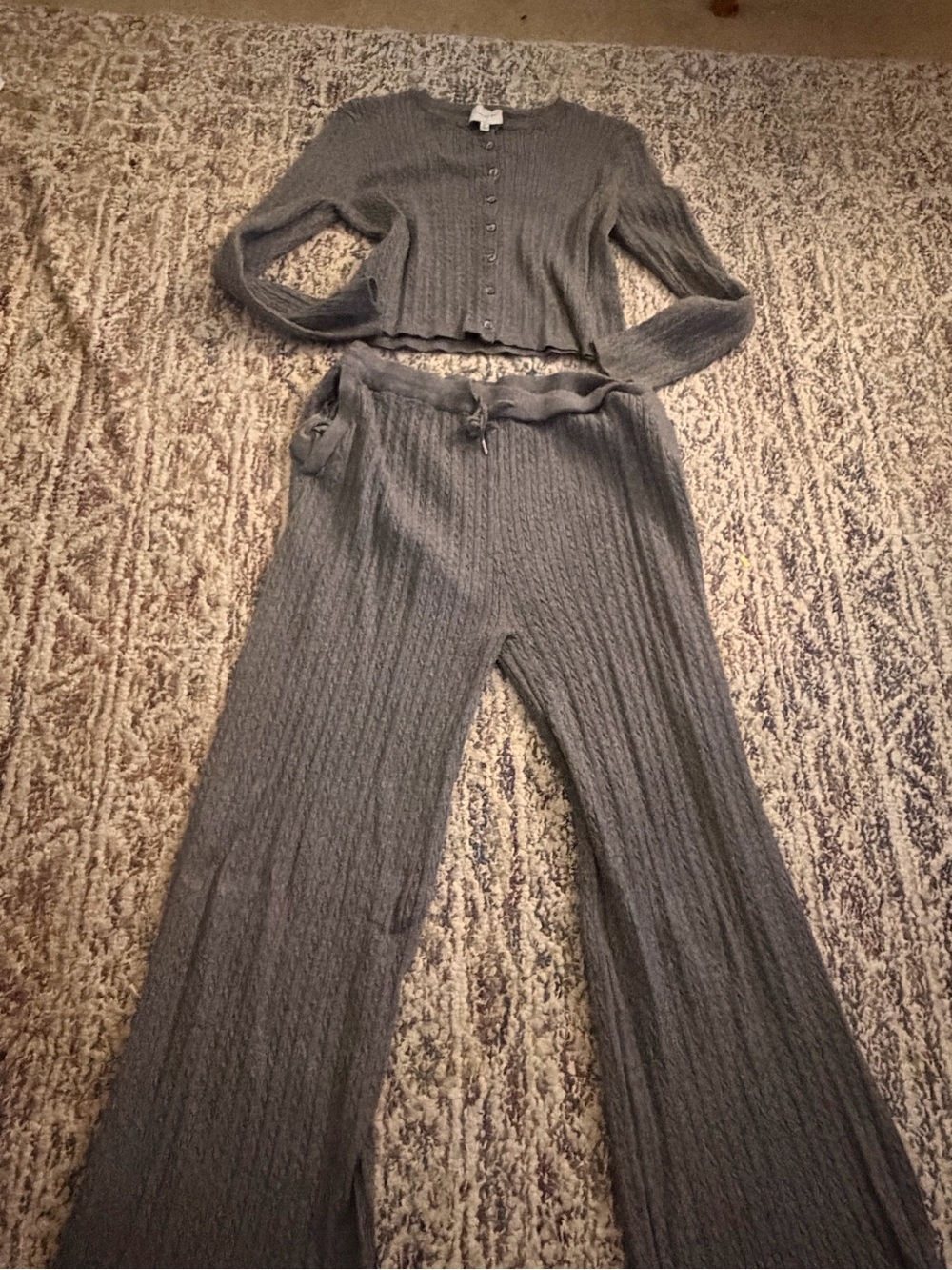 Pink Rose Gray Ribbed Wide-Leg Pants & Matching Cardigan